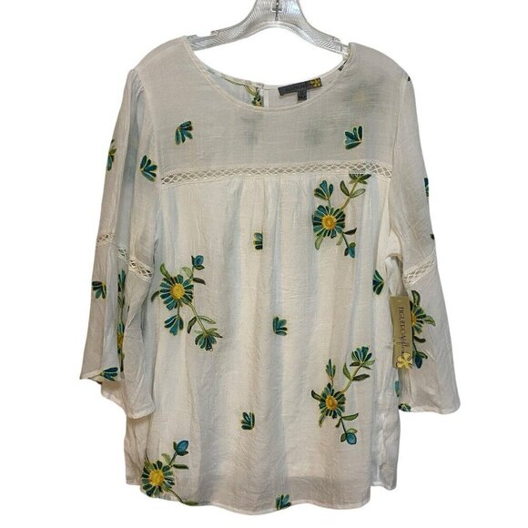 NWT Figueroa & Flower Size 1X Light Airy Top Embroidery Bell Sleeve Boho Flowy - Picture 1 of 4